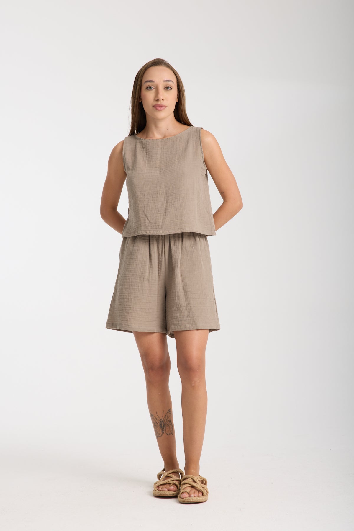 Çift Katlı Müslin Kolsuz Bluz Şort Takım