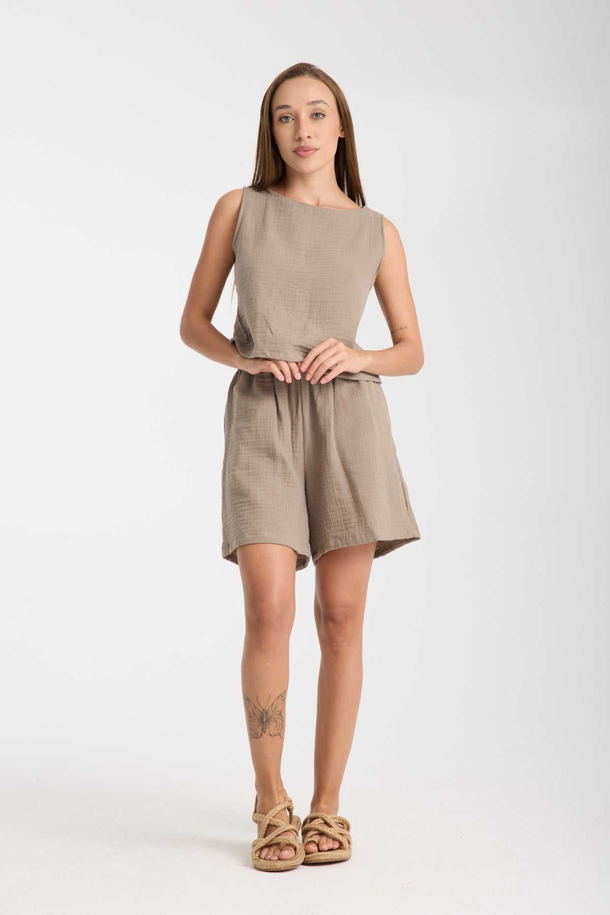 Çift Katlı Müslin Kolsuz Bluz Şort Takım