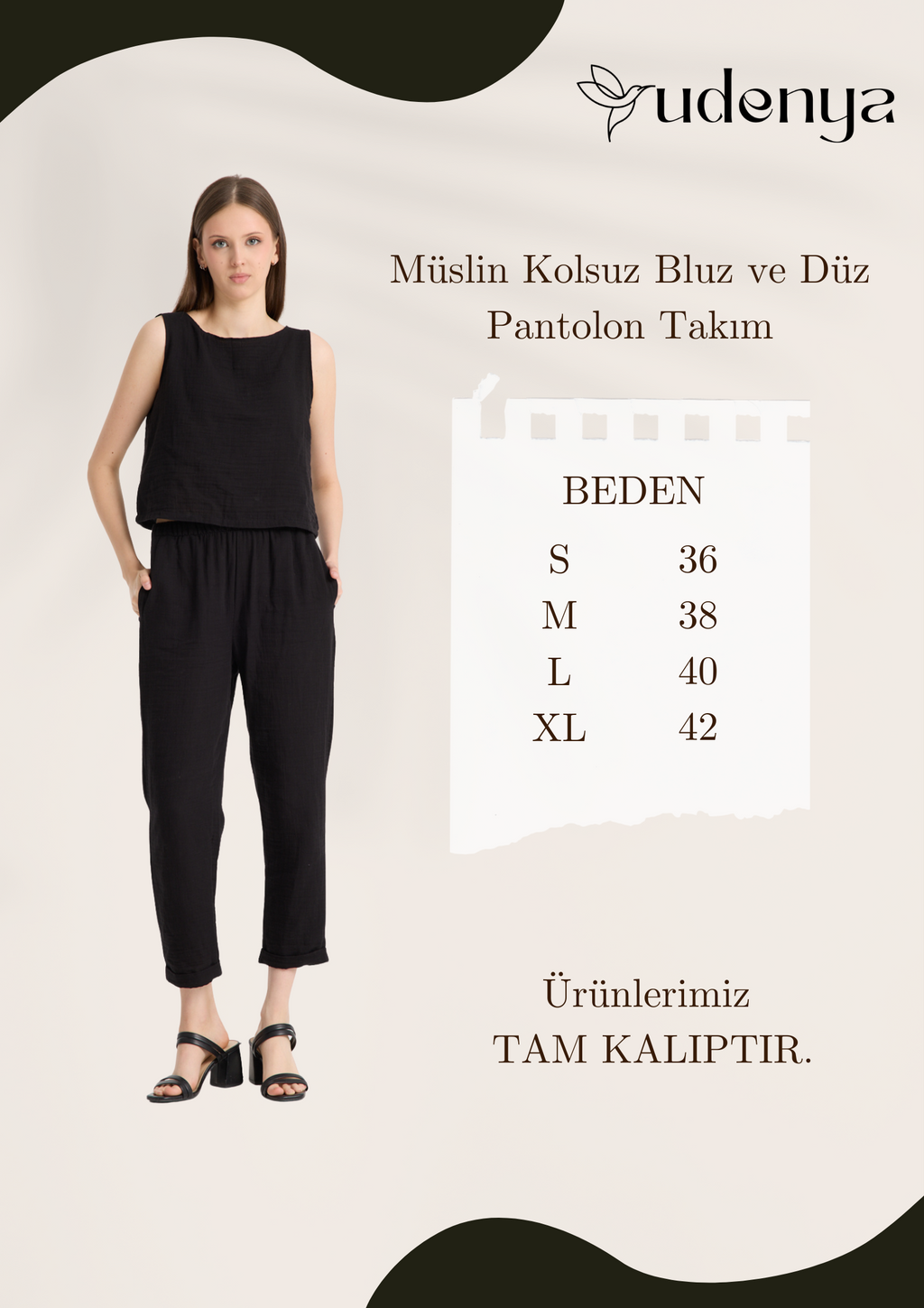 Çift Katlı Müslin Kolsuz Bluz ve Düz Pantolon Takımı