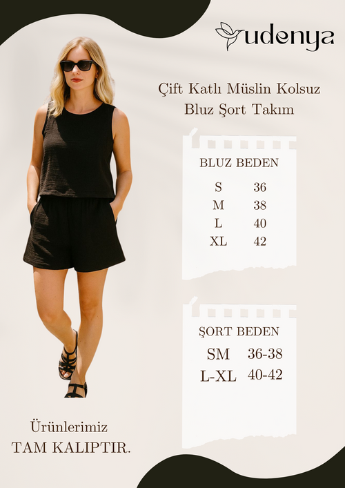 Çift Katlı Müslin Kolsuz Bluz Şort Takım