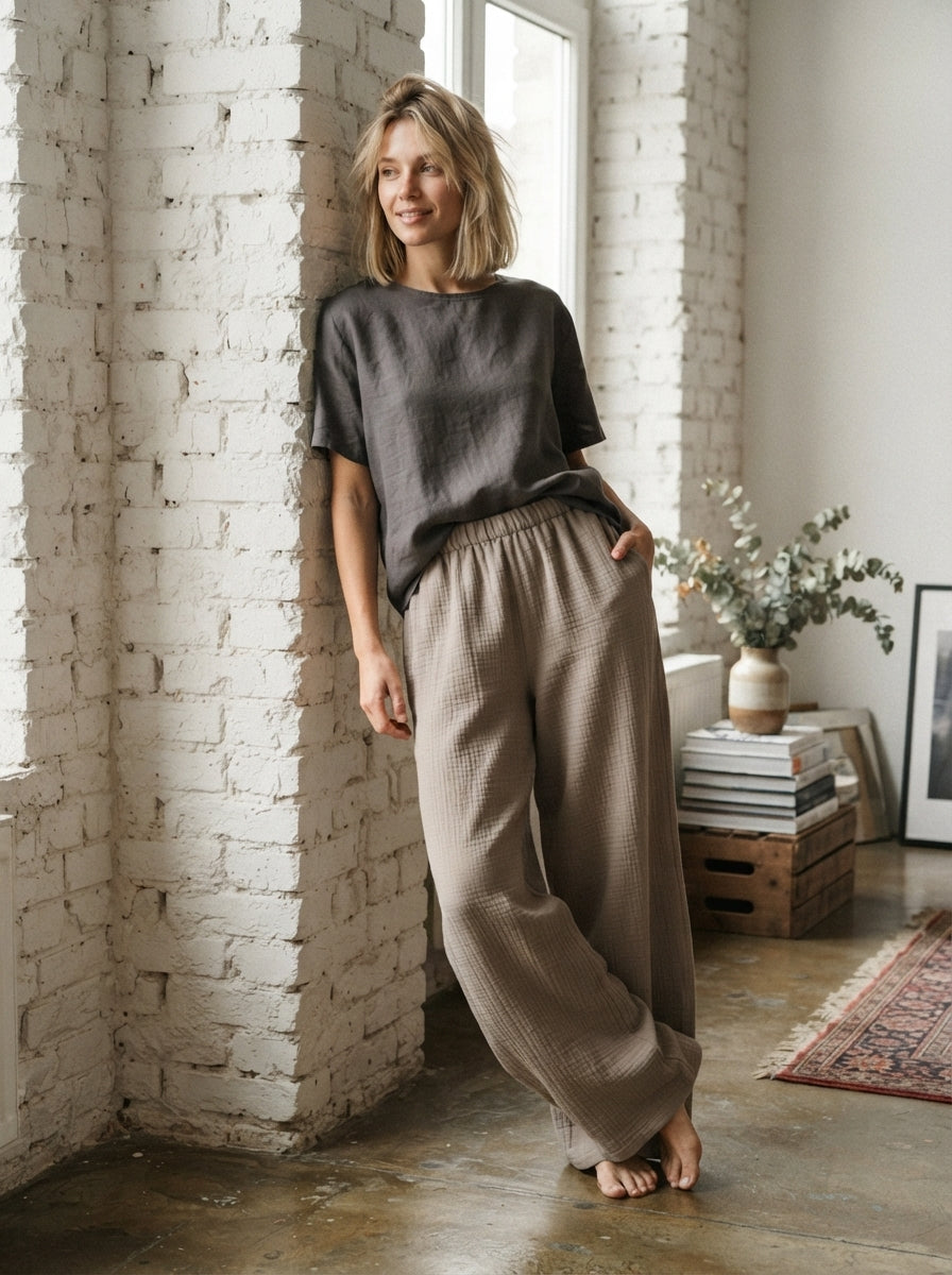 Bol Paça Pantolon | %100 Pamuk Çift Kat Müslin