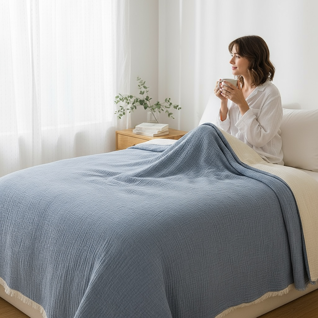 Bulut Dokunuşu – 4 Kat Müslin & 3 Kat Elyaf Yatak Örtüsü / Yorgan (230x240 cm)