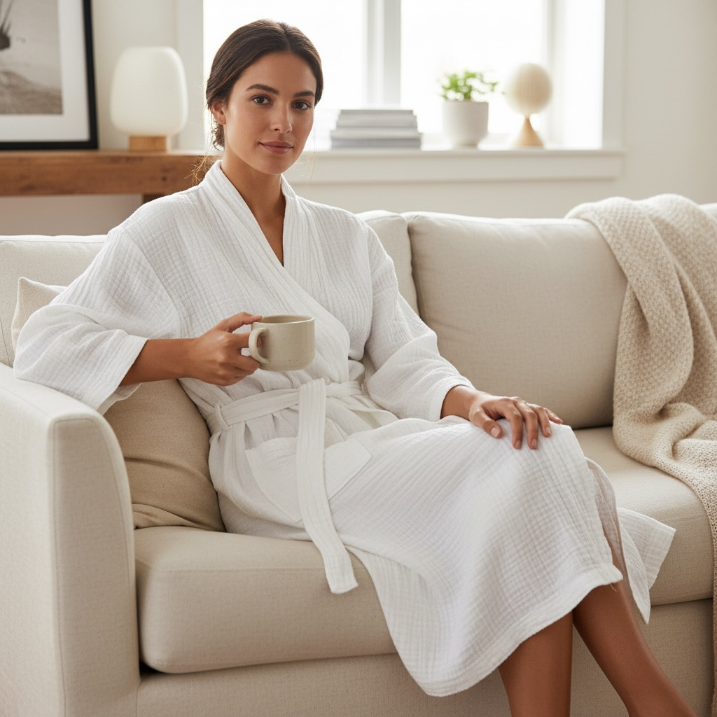 %100 Pamuk Müslin Lüks Kadın Bornoz & Sabahlık – Ultra Hafif & Nefes Alan Doku