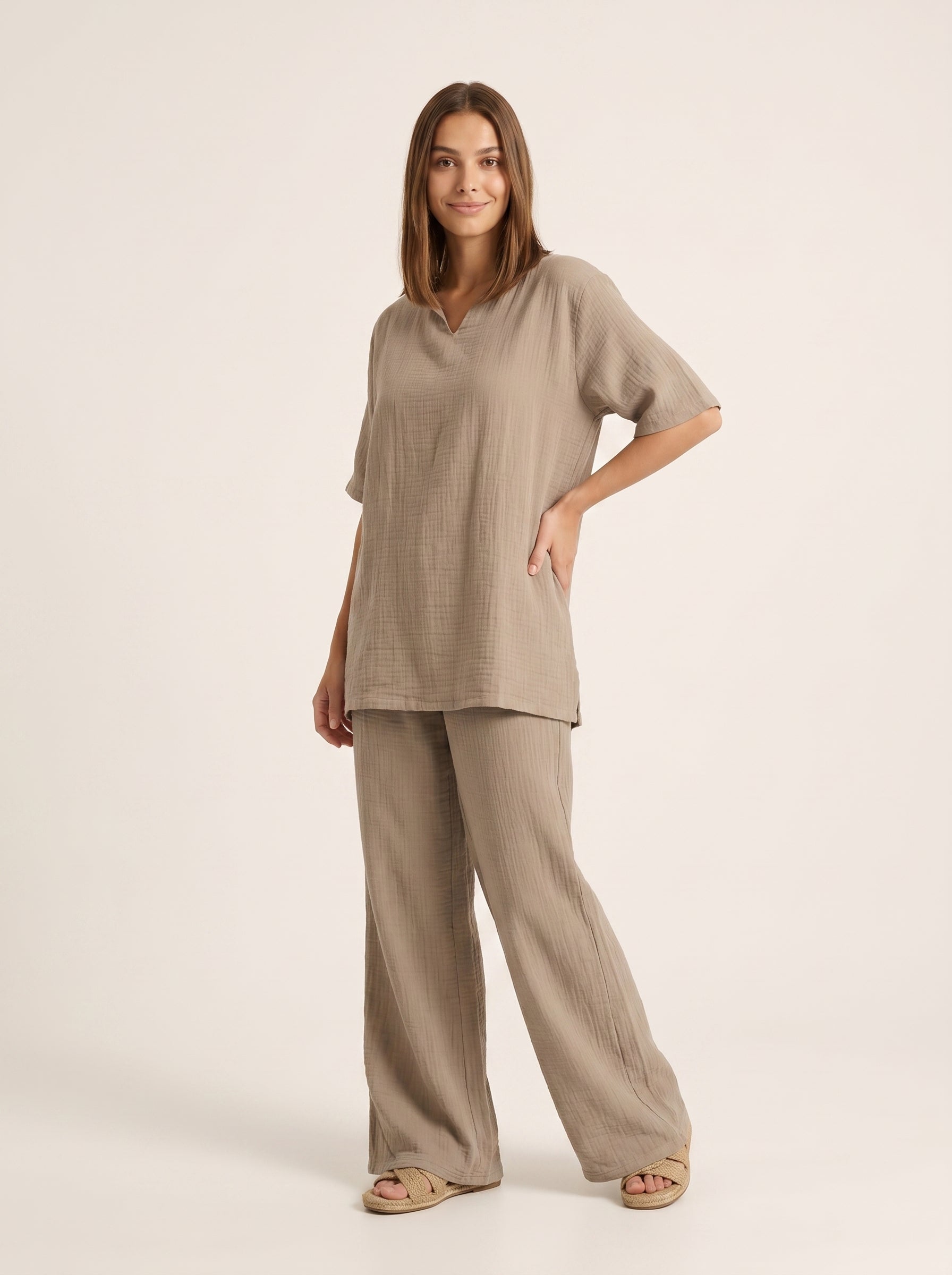Oversize Bluz & Bol Kesim Pantolon Takım | %100 Pamuk Çift Kat Müslin