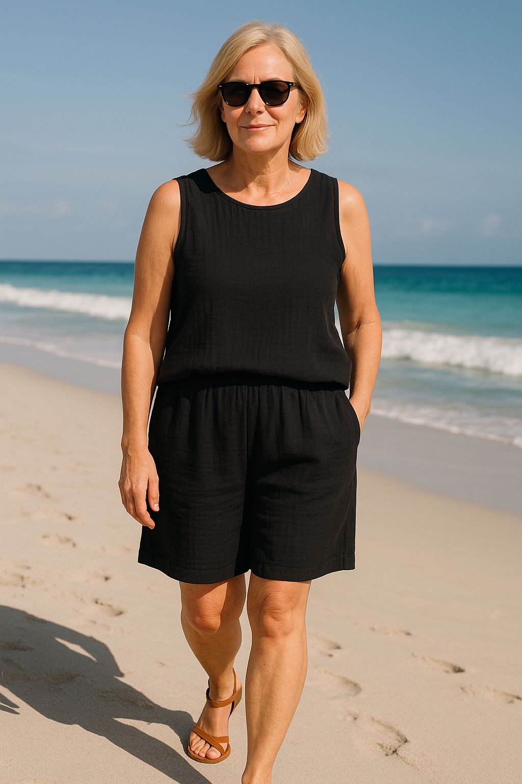 Çift Katlı Müslin Kolsuz Bluz Şort Takım