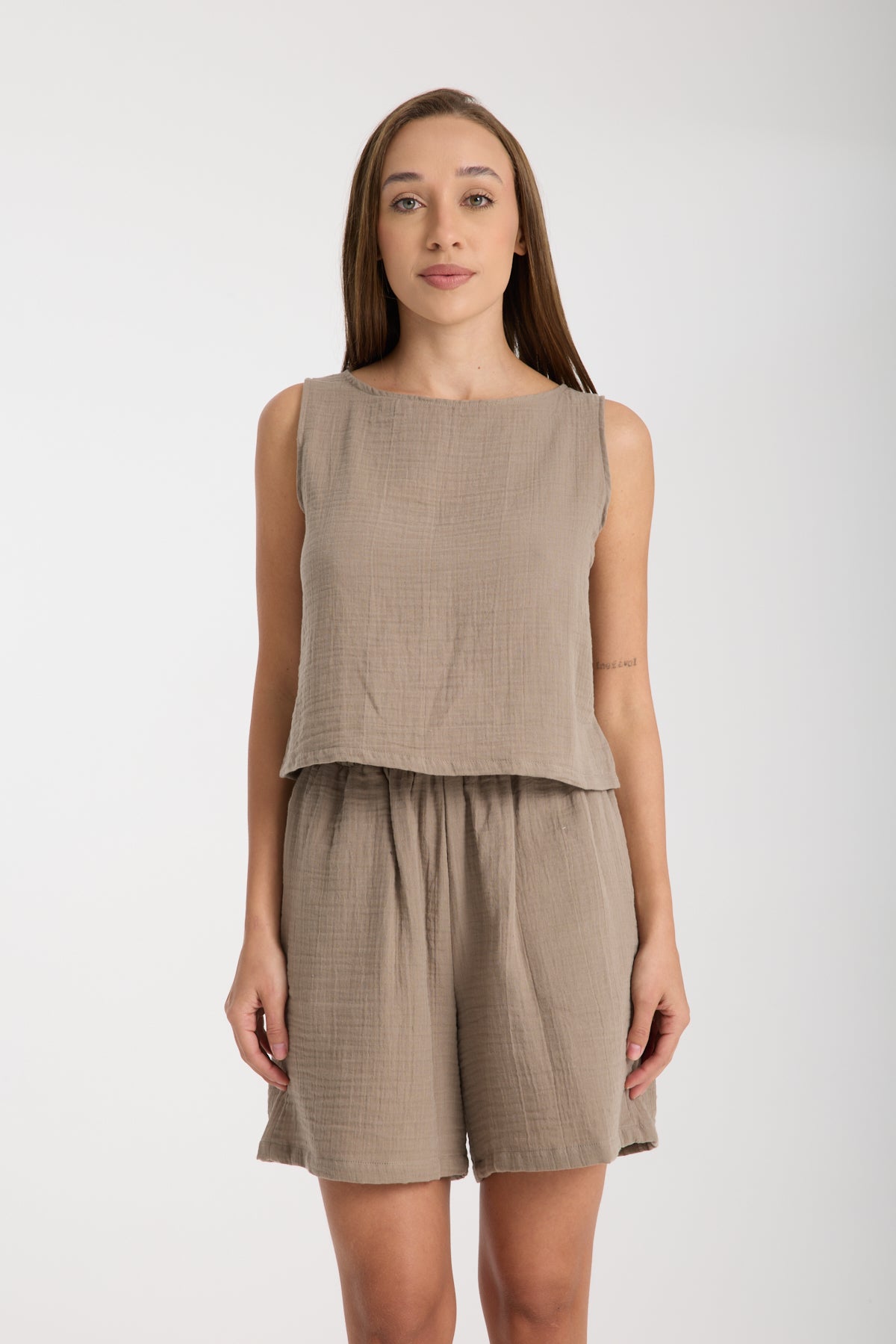 Çift Katlı Müslin Kolsuz Bluz Şort Takım