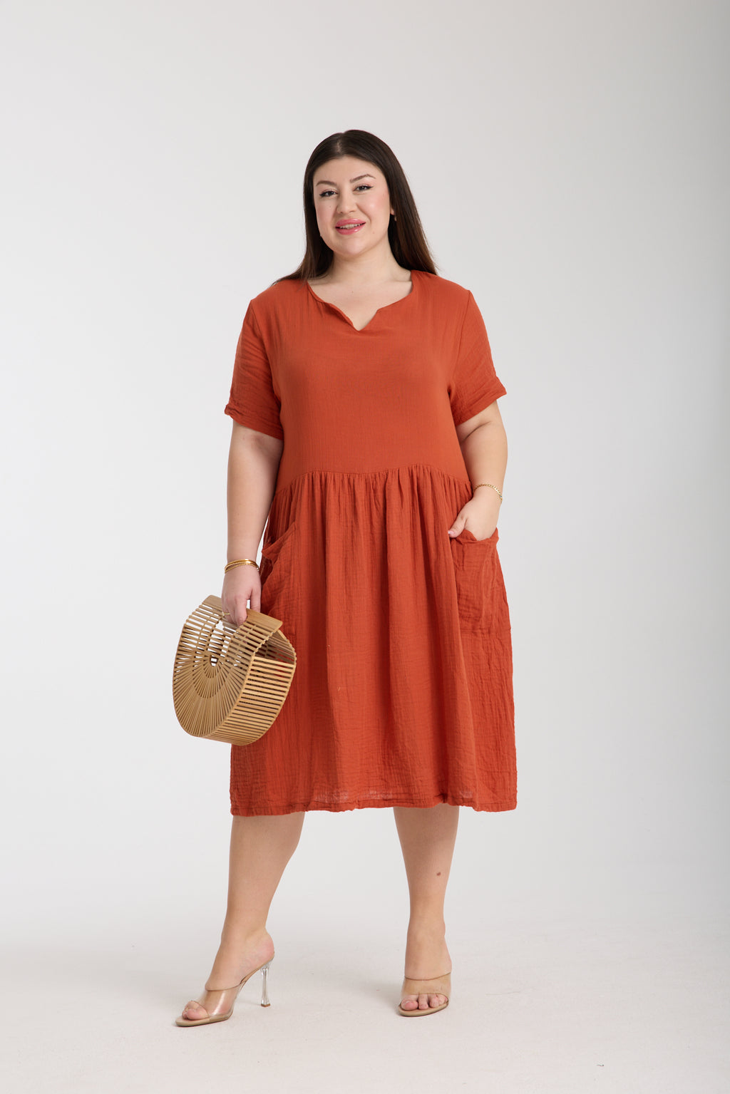 Büyük Beden Çift Katlı Müslin Cepli Elbise