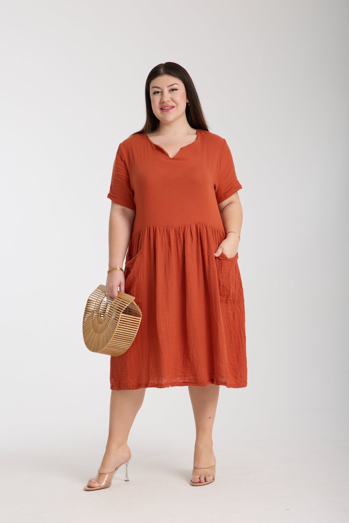 Büyük Beden Çift Katlı Müslin Cepli Elbise