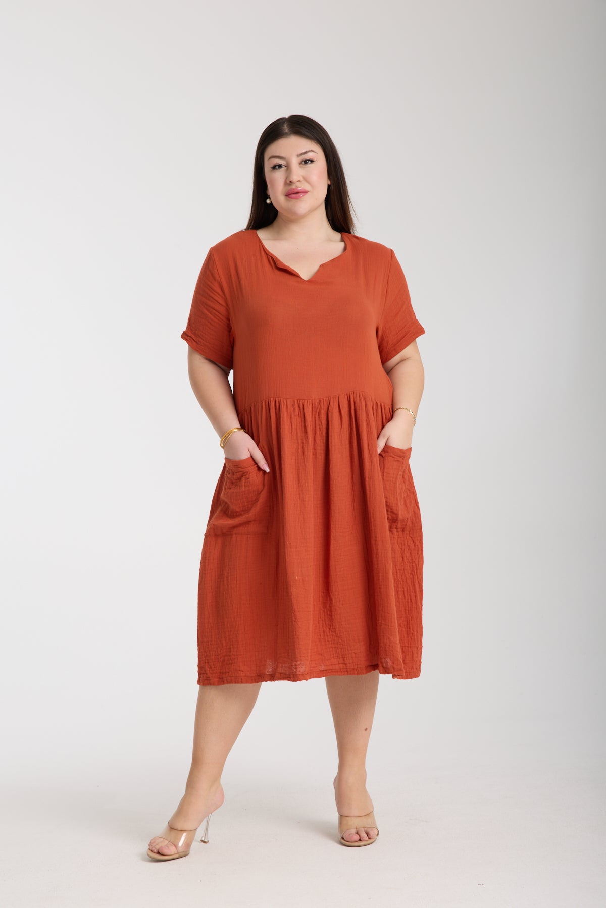 Büyük Beden Çift Katlı Müslin Cepli Elbise