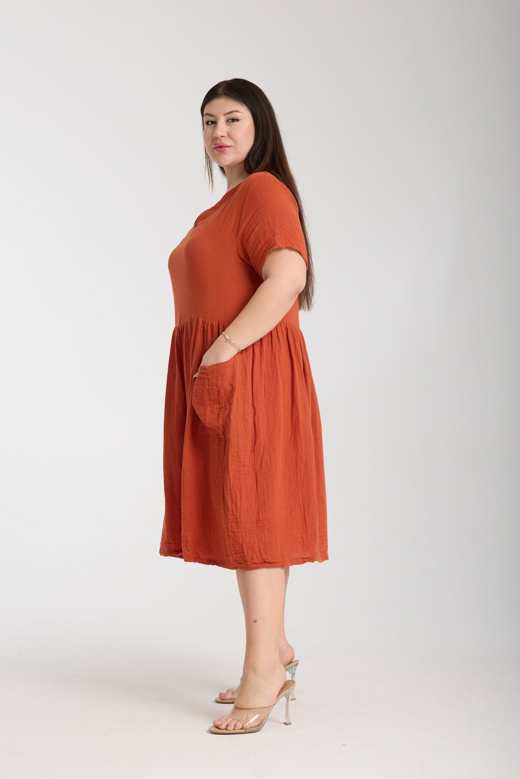 Büyük Beden Çift Katlı Müslin Cepli Elbise