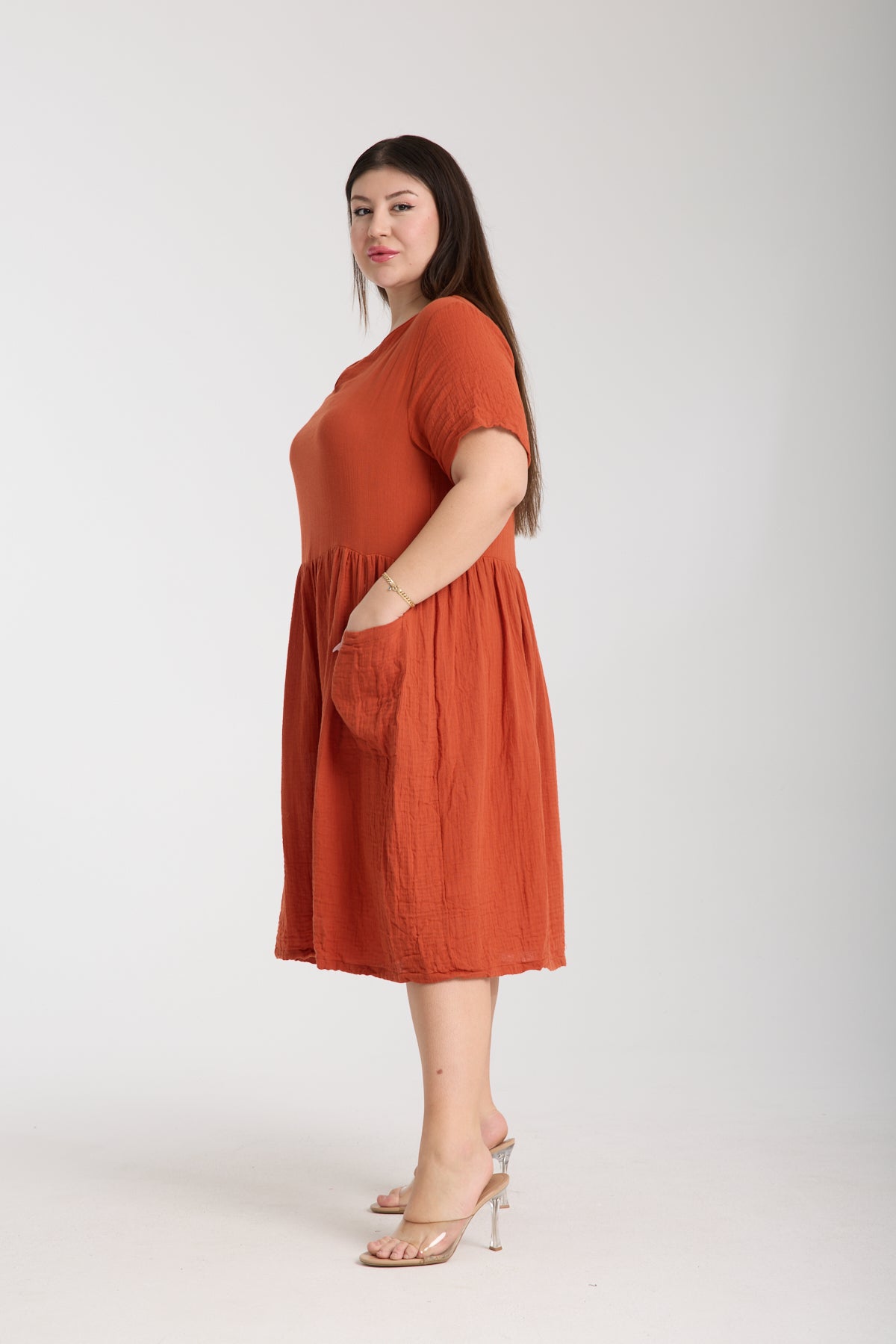 Büyük Beden Çift Katlı Müslin Cepli Elbise