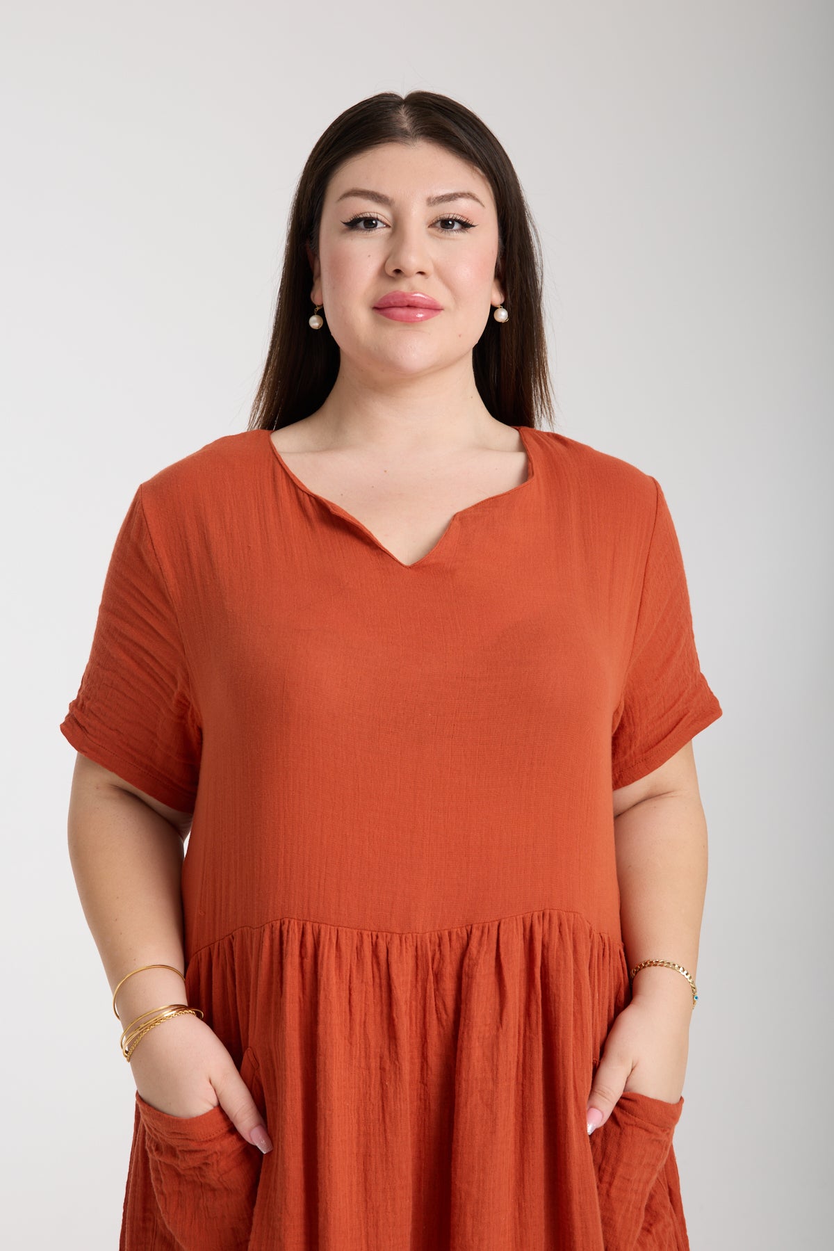 Büyük Beden Çift Katlı Müslin Cepli Elbise