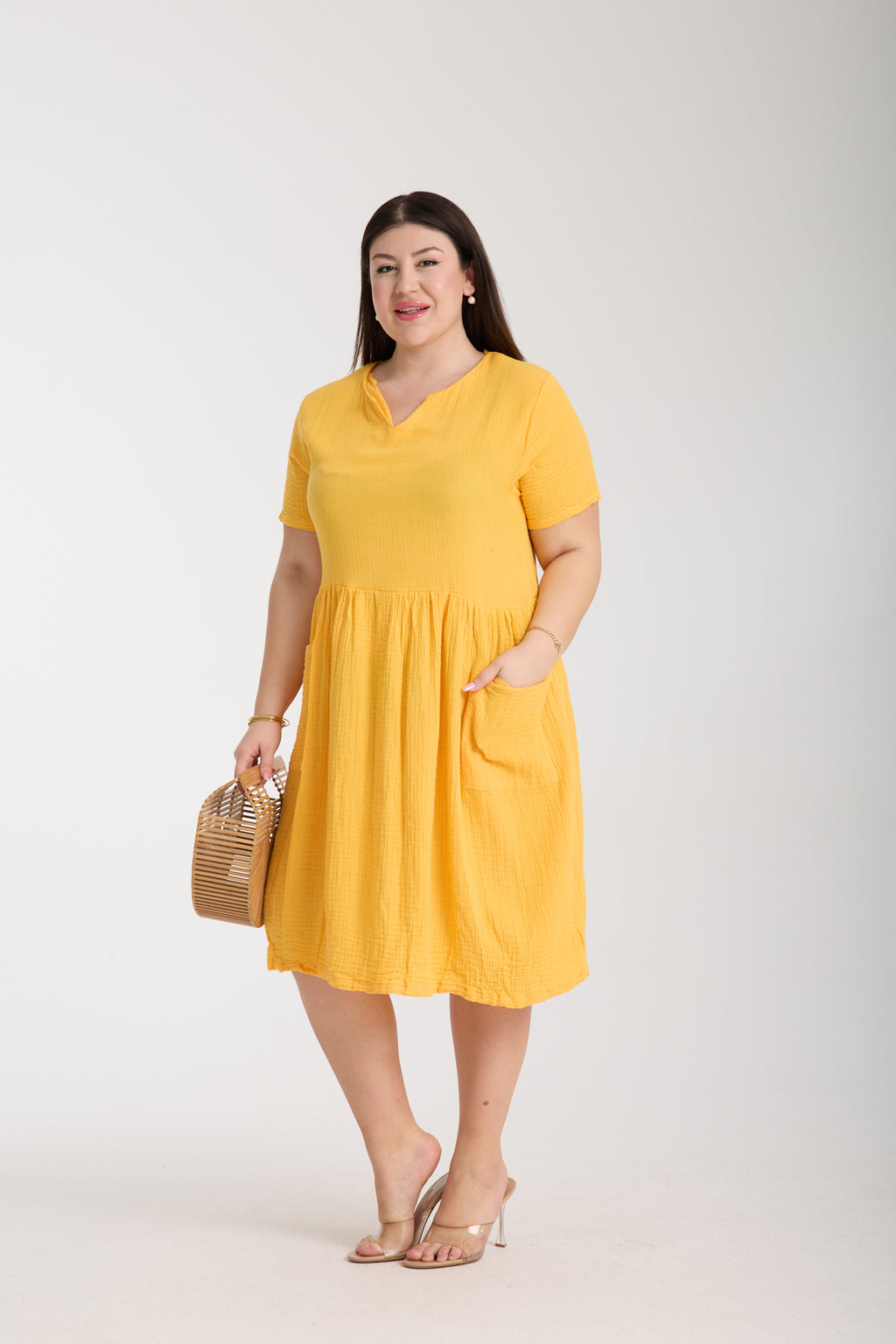 Büyük Beden Çift Katlı Müslin Cepli Elbise