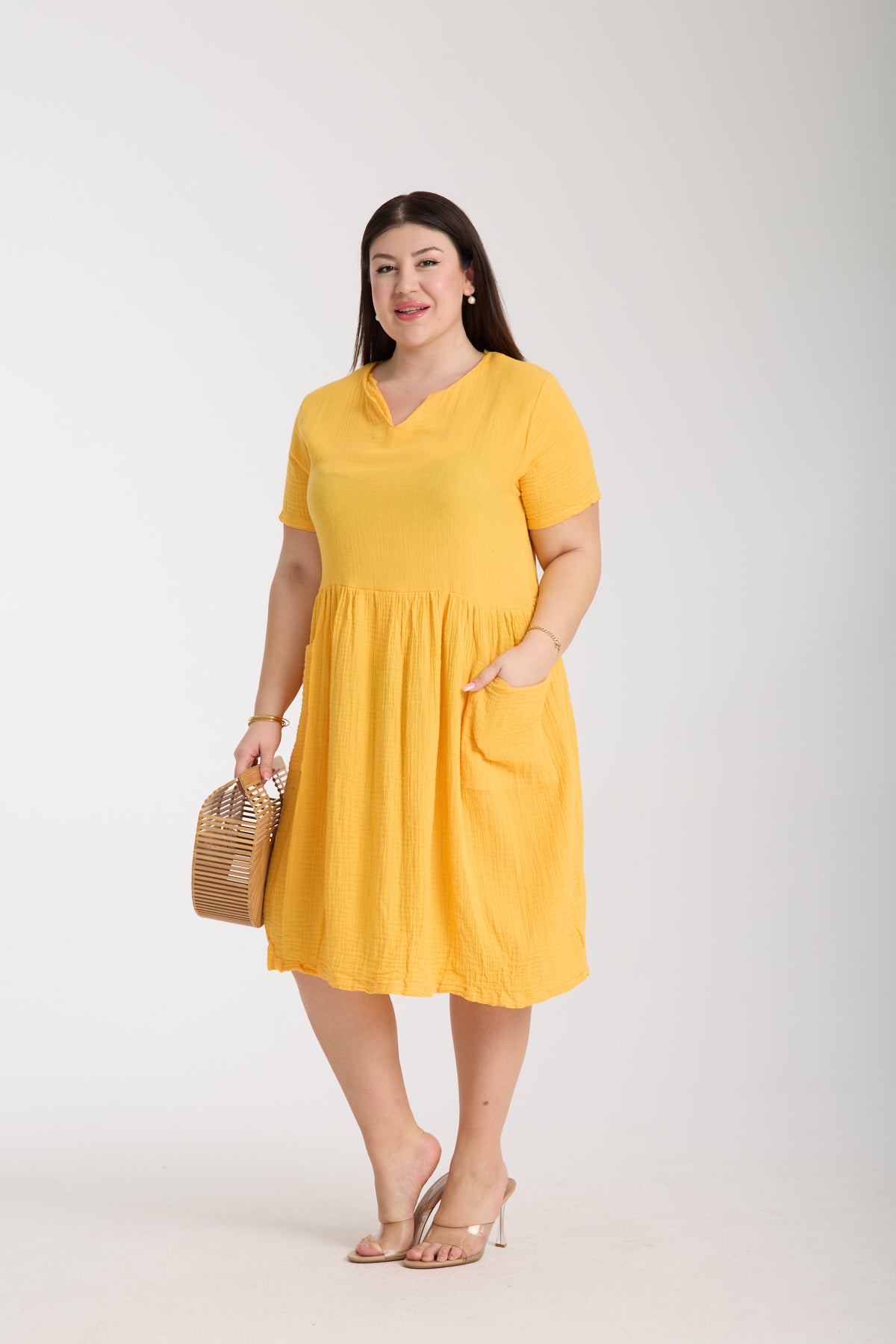 Büyük Beden Çift Katlı Müslin Cepli Elbise