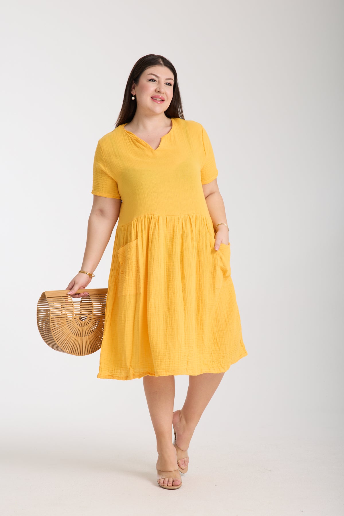 Büyük Beden Çift Katlı Müslin Cepli Elbise