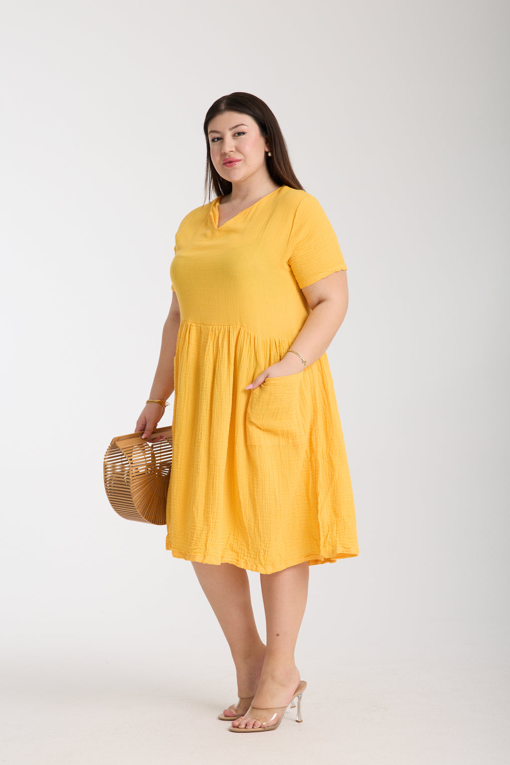 Büyük Beden Çift Katlı Müslin Cepli Elbise