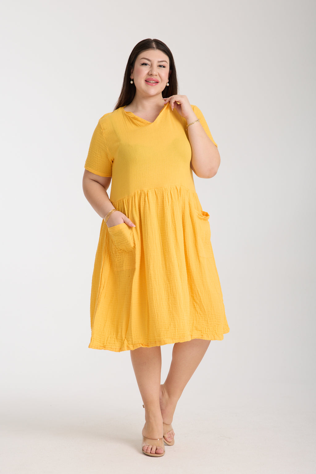 Büyük Beden Çift Katlı Müslin Cepli Elbise