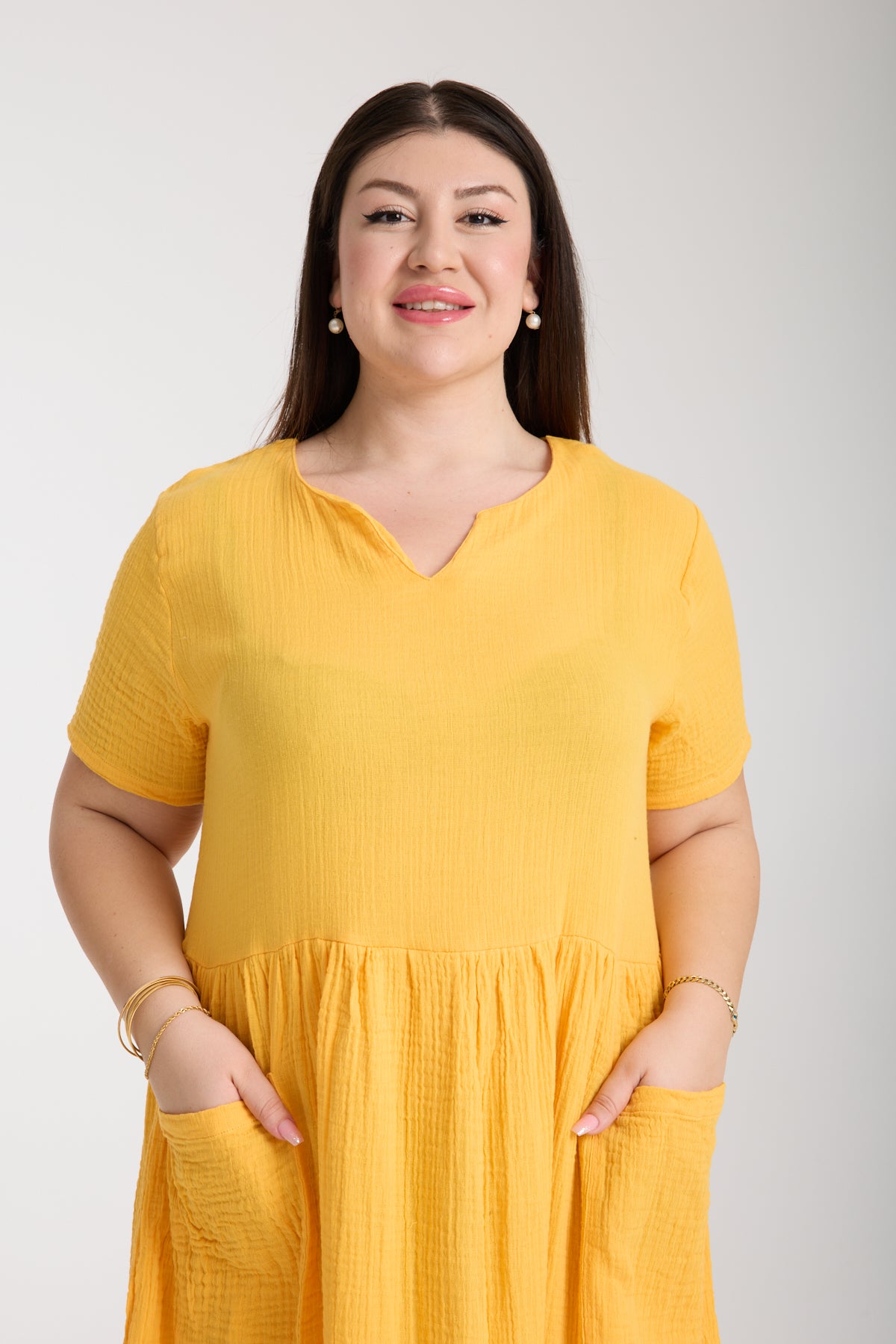 Büyük Beden Çift Katlı Müslin Cepli Elbise