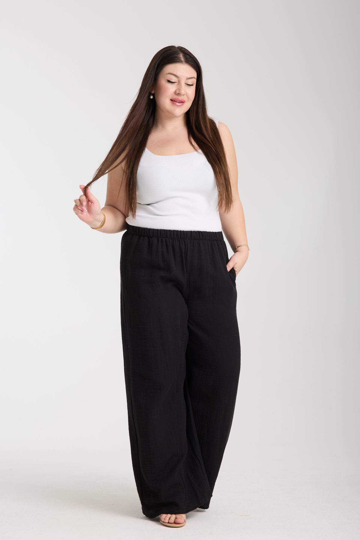 Büyük Beden Çift Kat Müslin Bol Paça Pantolon